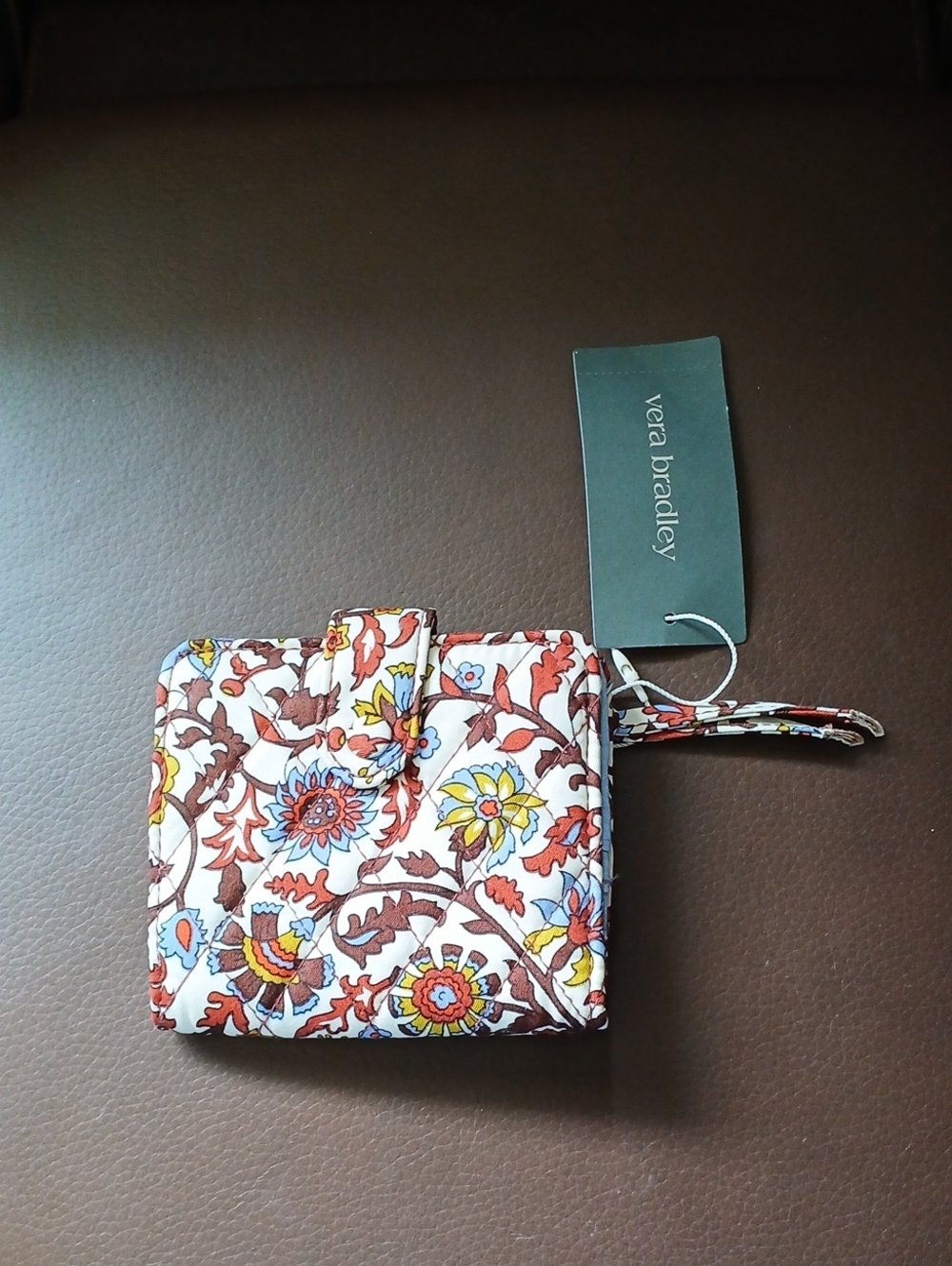 Vera Bradley Quilted Floral Wristlet Wallet in White, Brown, Yellow, Blue, Red